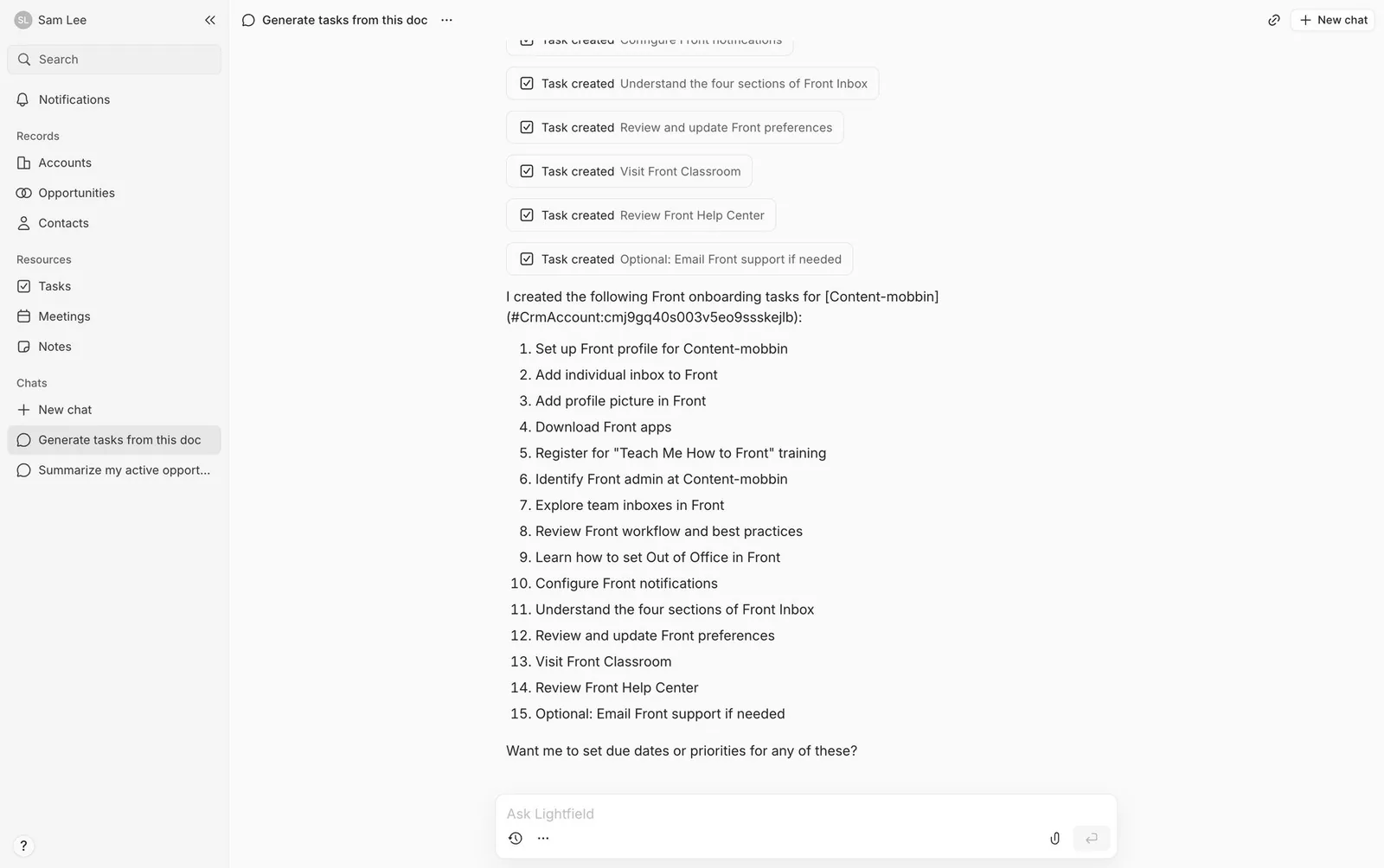 Lightfield: “Task created” action chips in the chat