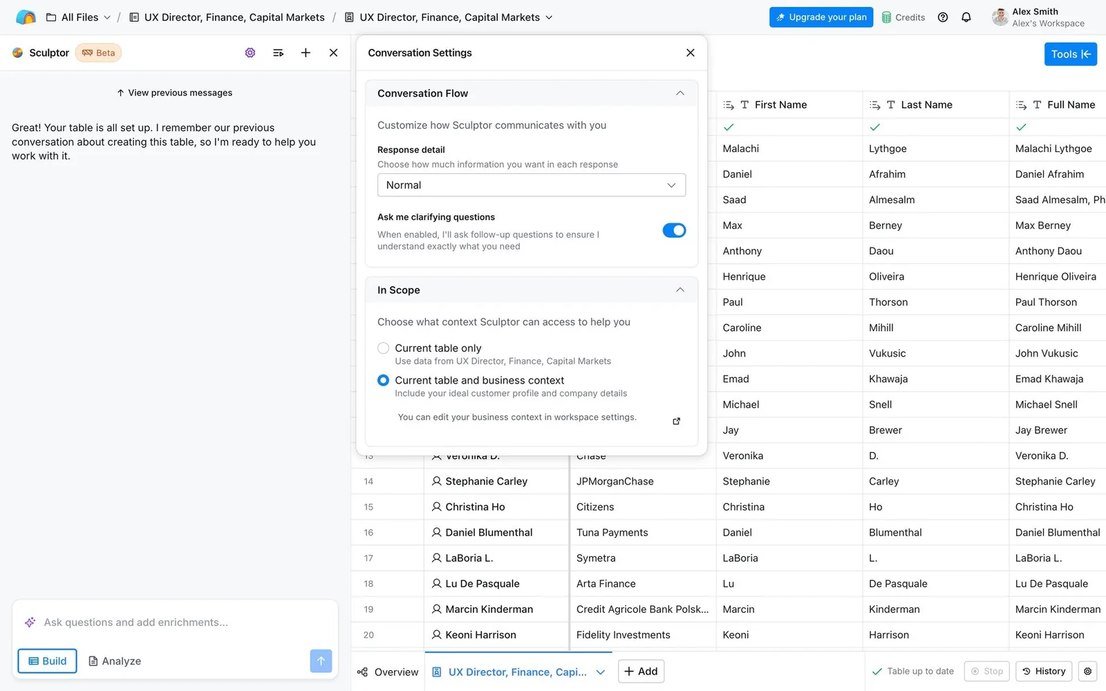 Clay: agent settings, “Ask me clarifying questions” toggle, response detail and scope