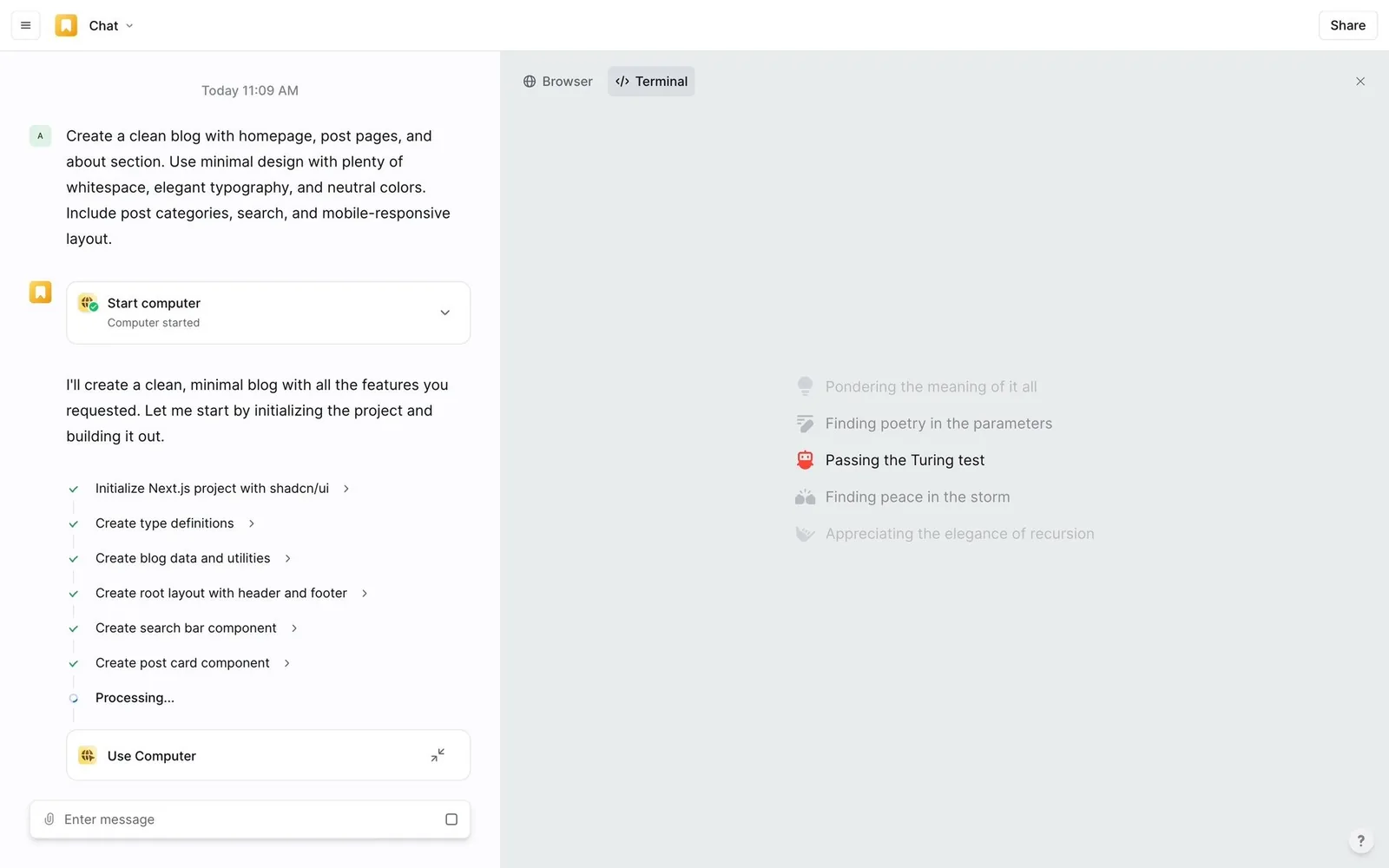 Lindy: “Start computer” card, step checklist, Browser/Terminal pane and playful loading lines