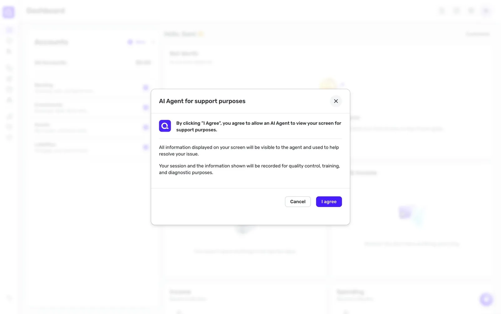 Quicken: consent screen before an AI agent can view your screen