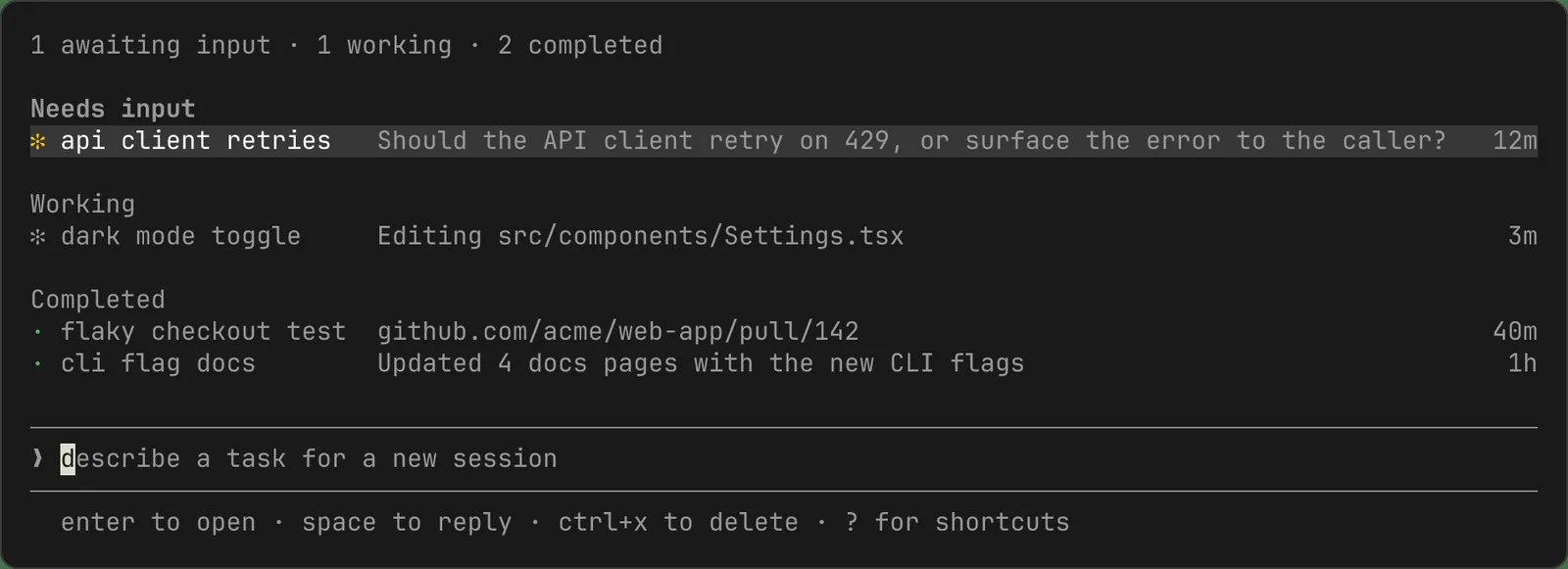 Claude Code agent view: sessions grouped as Needs input / Working / Completed