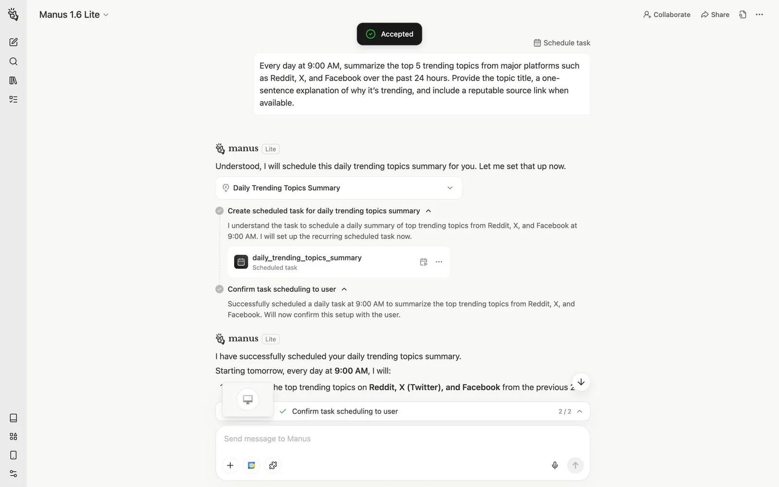 Manus: plan steps with 2/2 progress and “Schedule task”