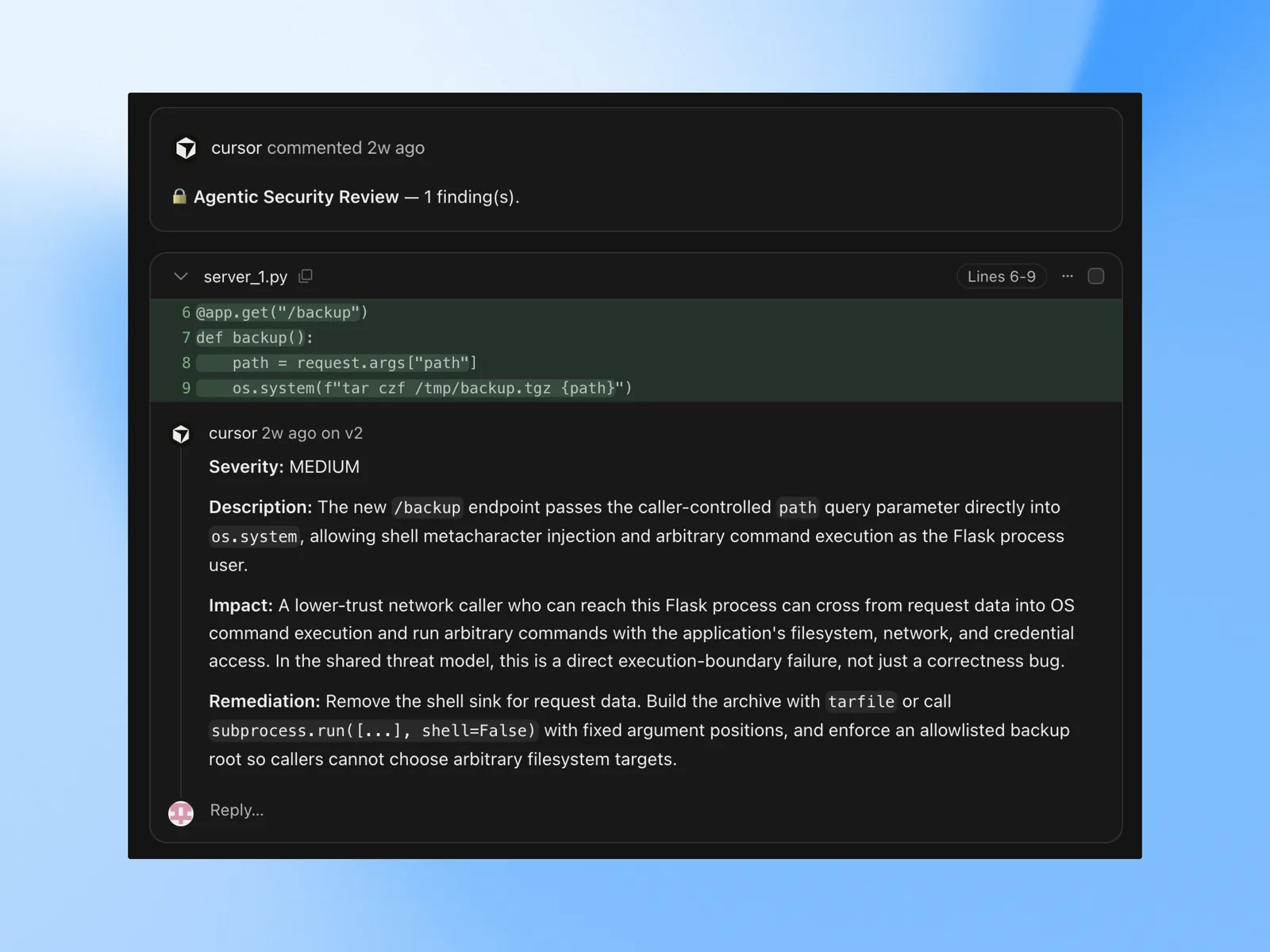 Cursor: “Agentic Security Review” comment posted on a PR
