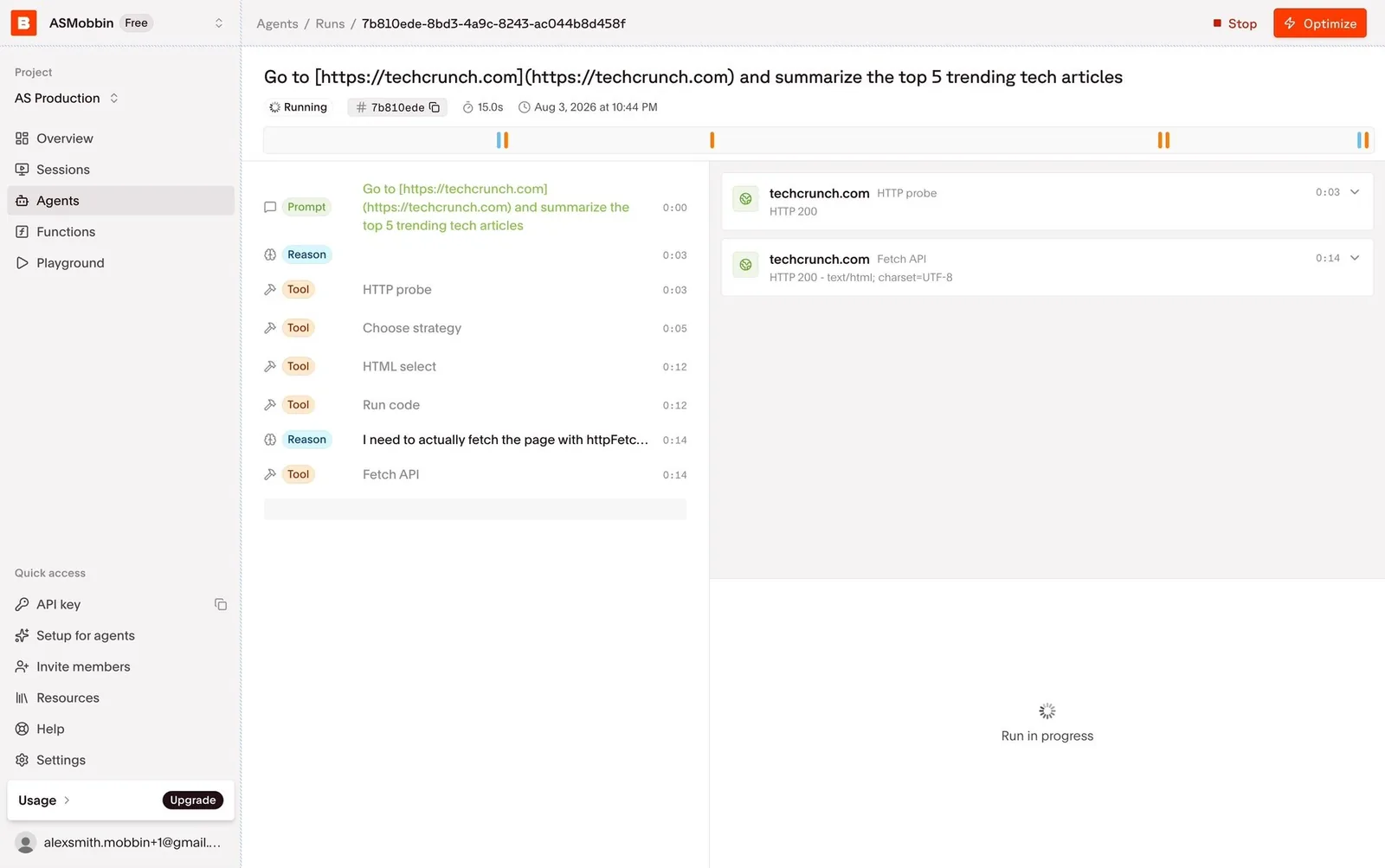 Browserbase: run trace (Prompt / Reason / Tool rows with timestamps) and Stop