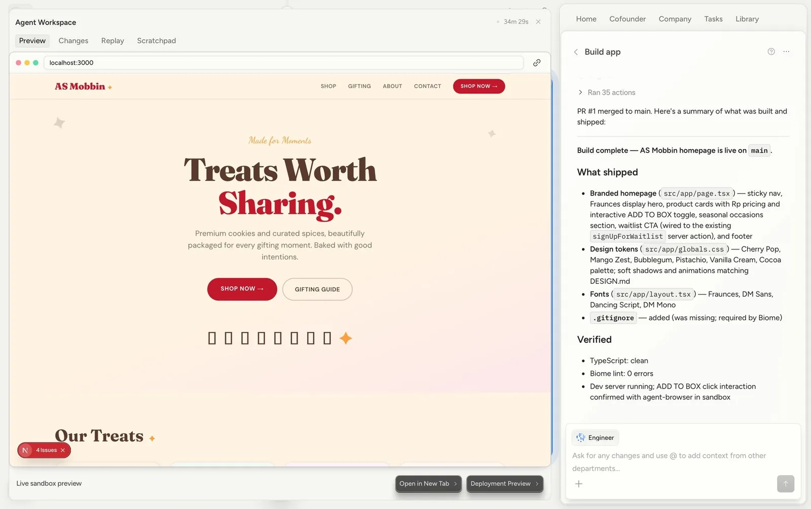Cofounder: agent workspace tabs (Preview / Changes / Replay / Scratchpad), “Ran 35 actions”