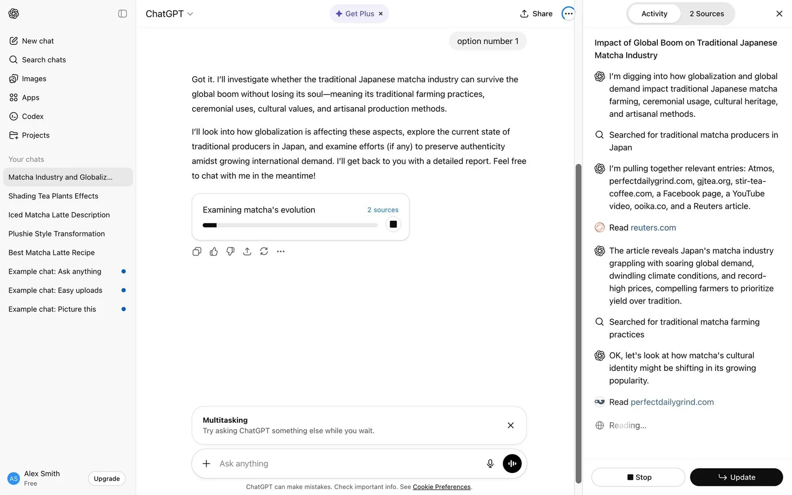 ChatGPT: research progress card, “Try asking ChatGPT something else while you wait”, Activity panel