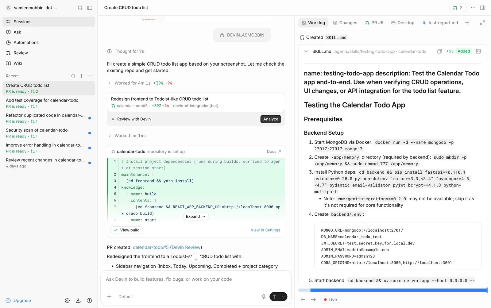 Devin: session list (“PR is ready”) with Worklog / Changes / PR / Desktop tabs