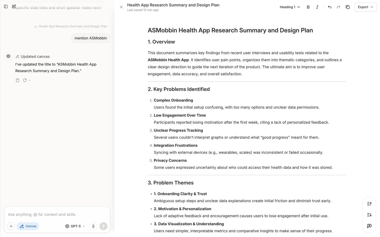 Langdock: “Updated canvas”, with the document editor beside the chat