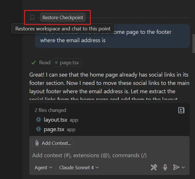 VS Code Copilot: “Restore Checkpoint” on a chat turn