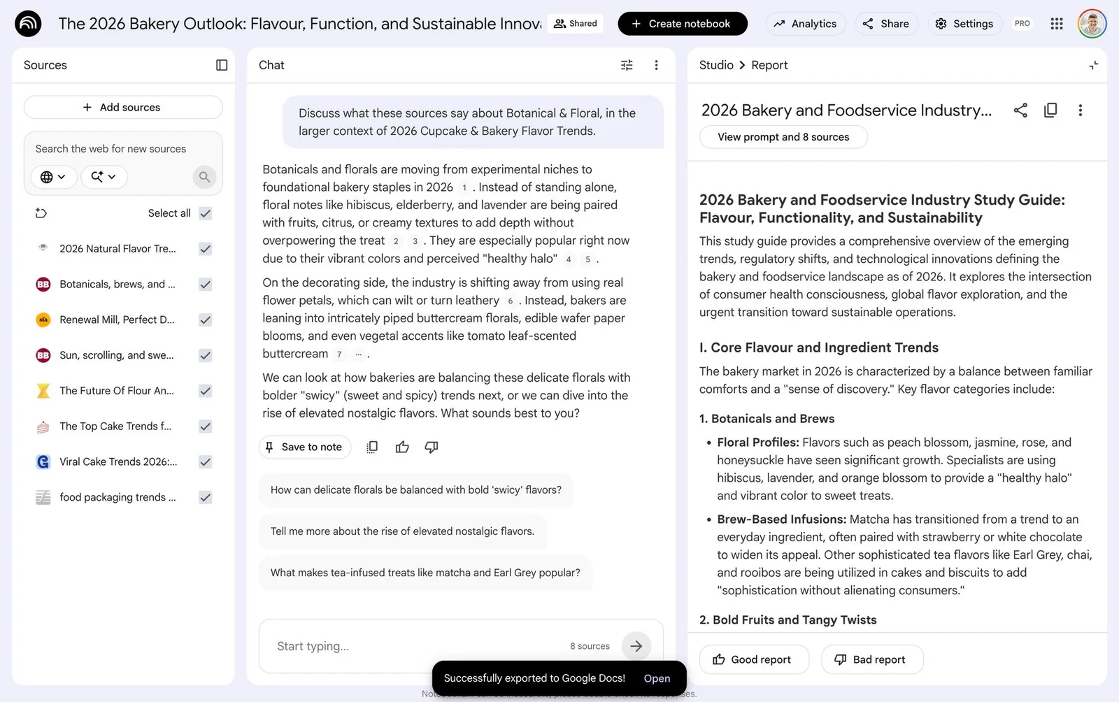 NotebookLM: sources panel, numbered citations and follow-up chips