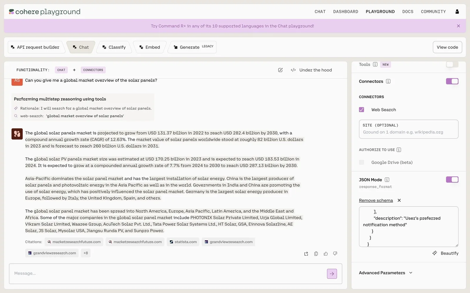 Cohere: “Performing multistep reasoning using tools” with citation chips