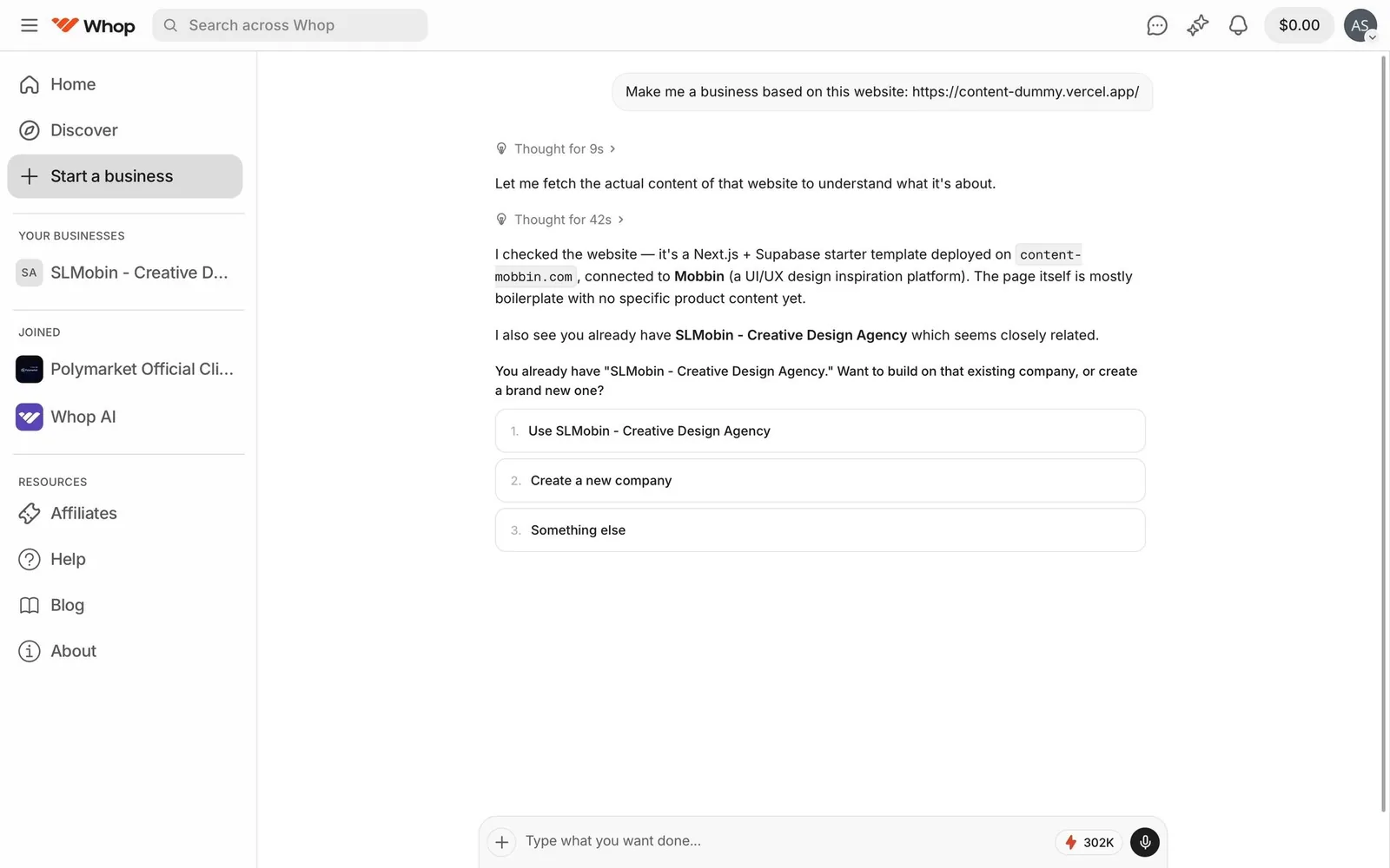 Whop: the agent thinks, then offers numbered choices