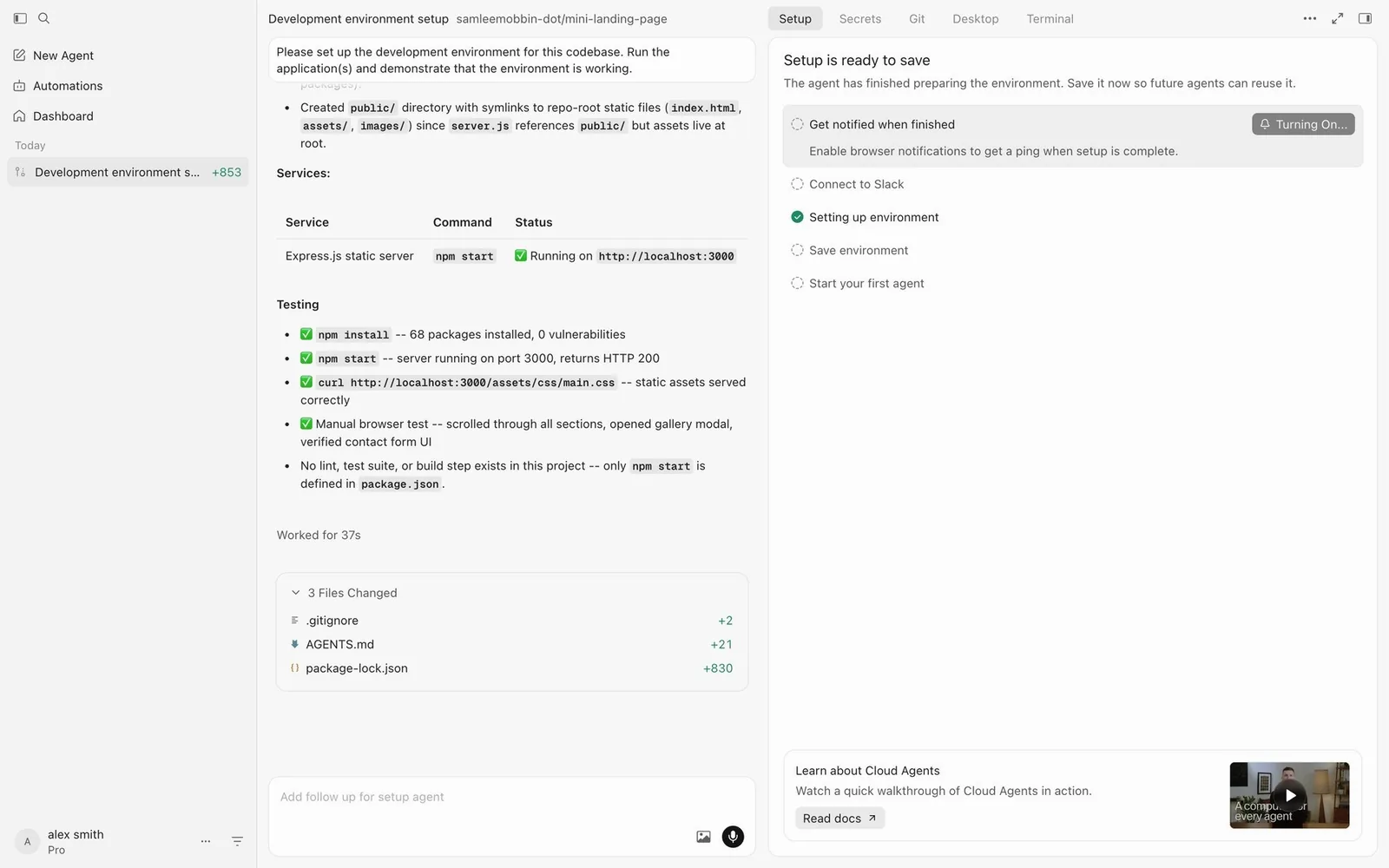 Cursor cloud agent: “Get notified when finished”, “3 Files Changed”, “Worked for 37s”