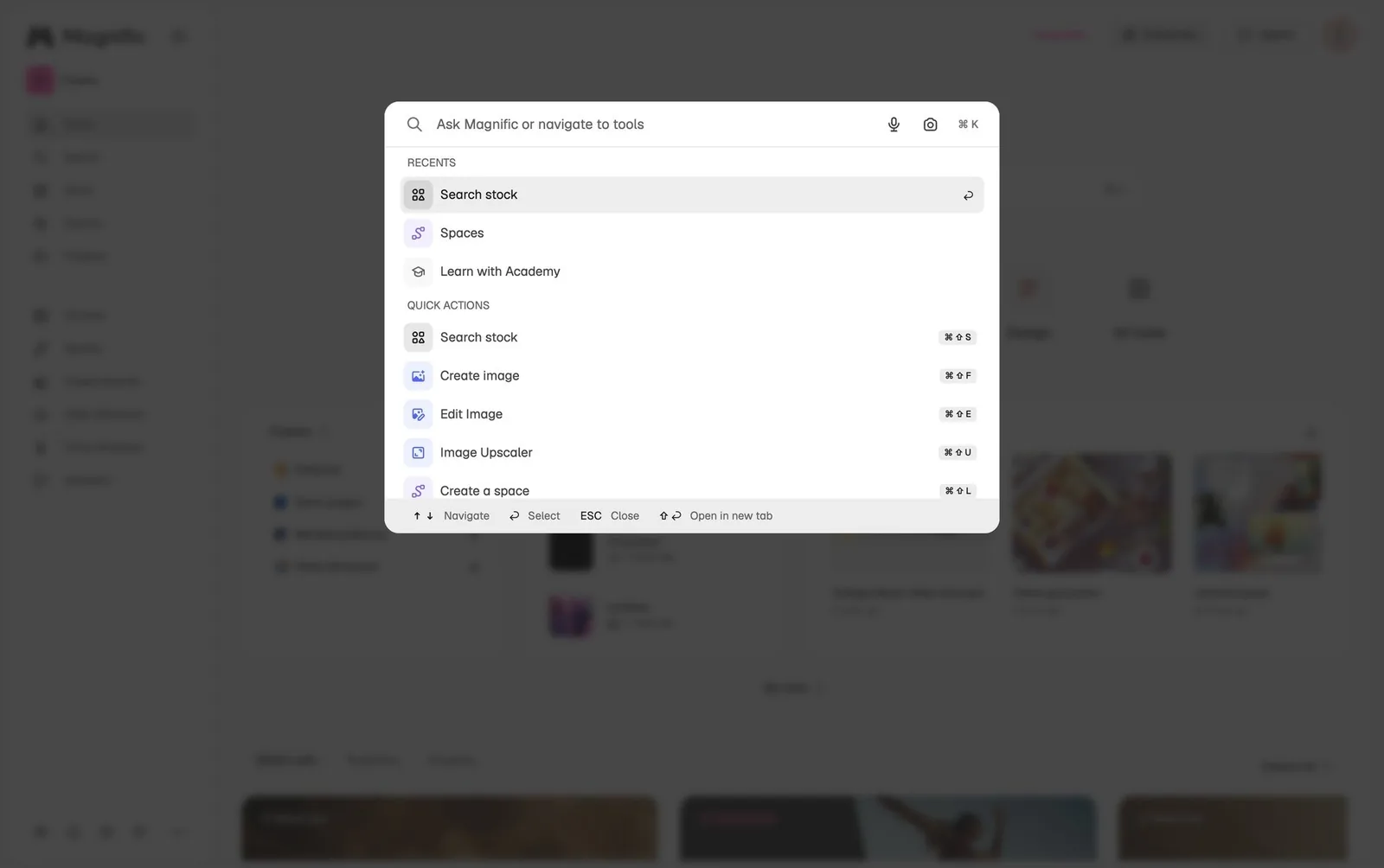 Magnific: ⌘K palette “Ask Magnific or navigate to tools”