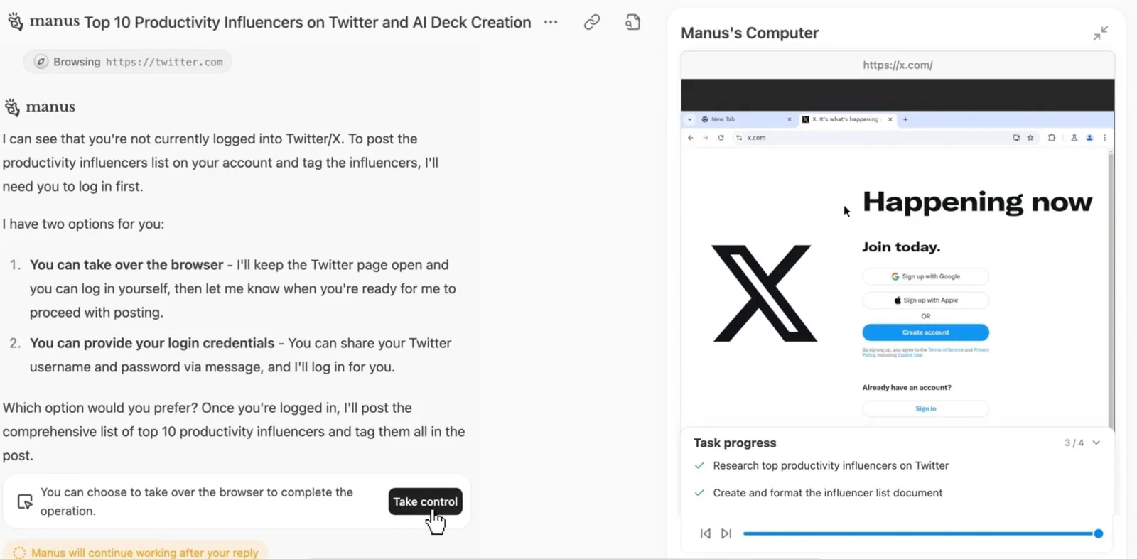Manus: “Manus’s Computer” live browser view with a “Take control” button