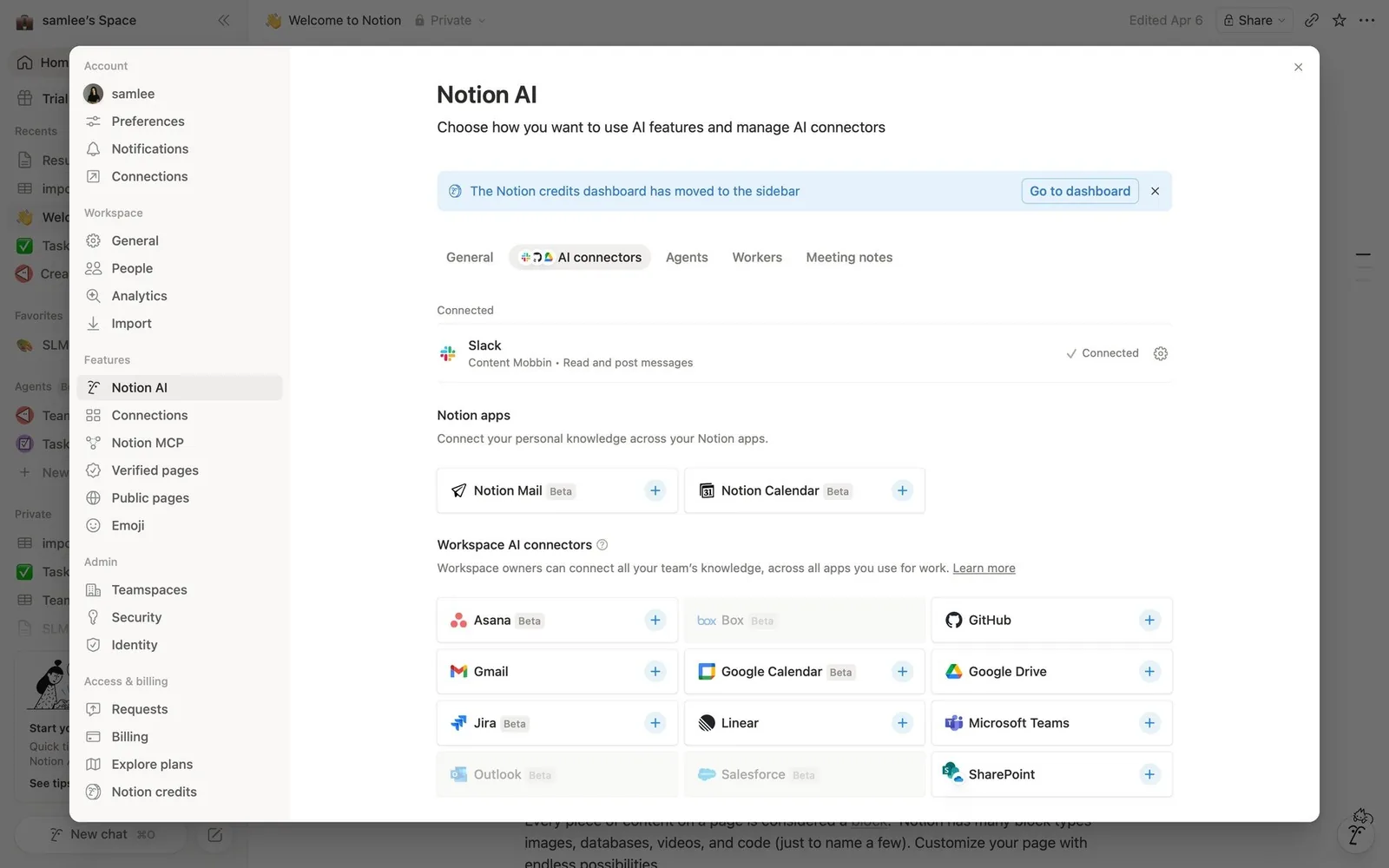 Notion AI: connector settings