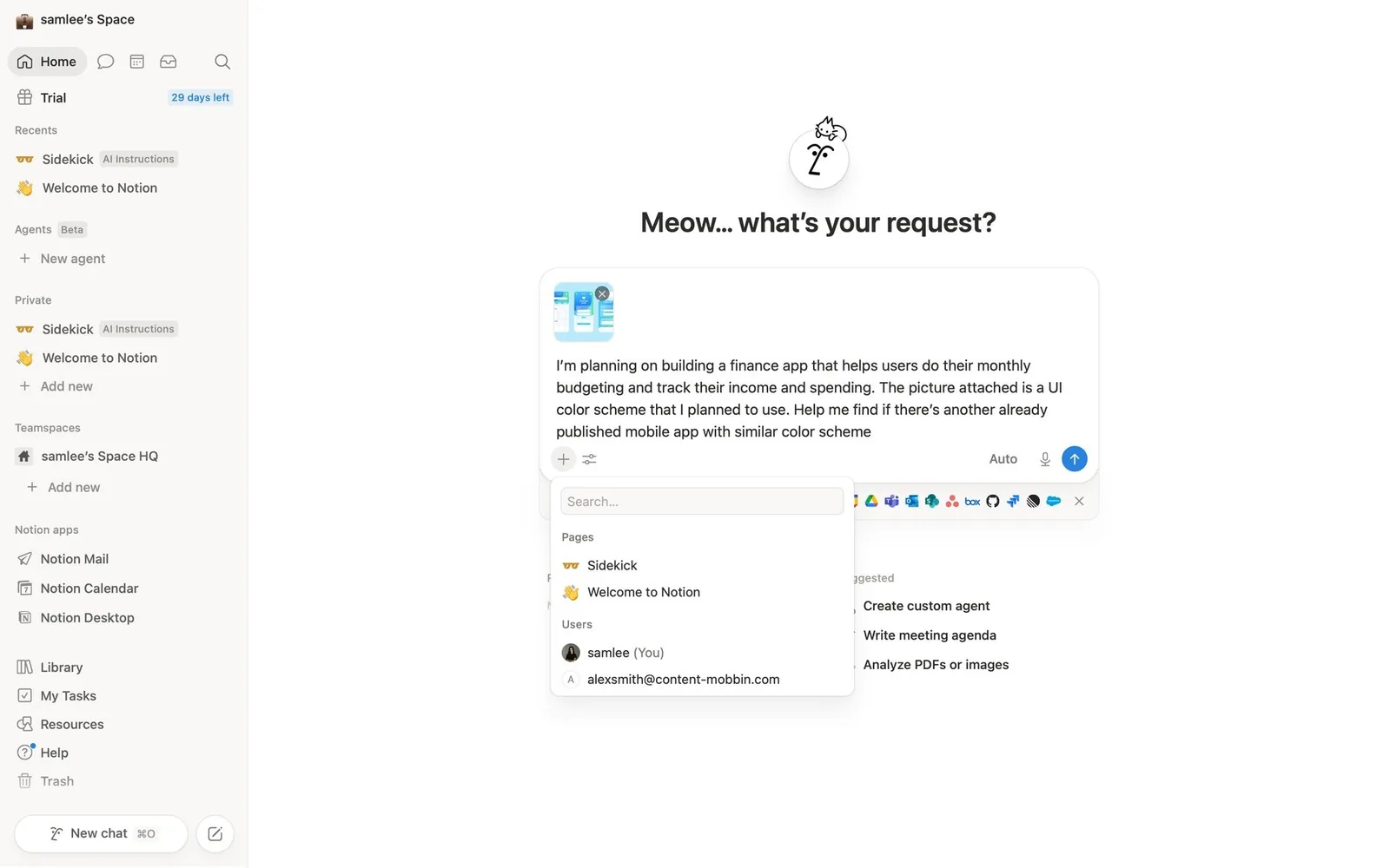 Notion AI: attachment, @ picker and connector icons in the composer