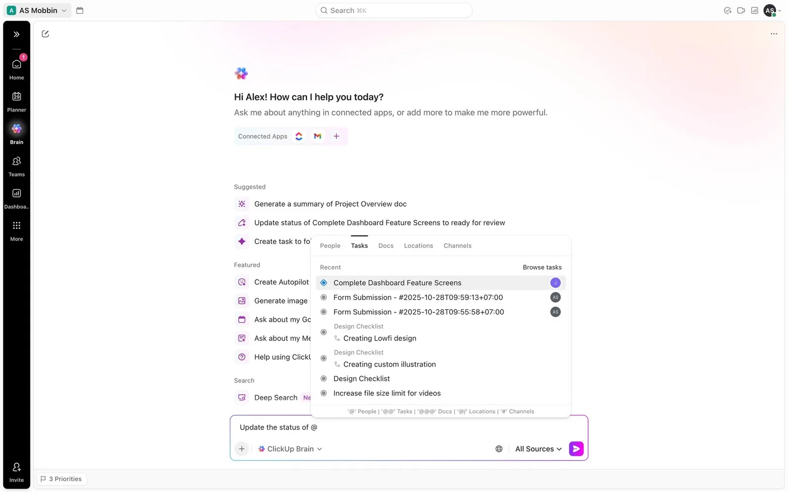 ClickUp Brain: @-mention picker for docs, people and connected apps