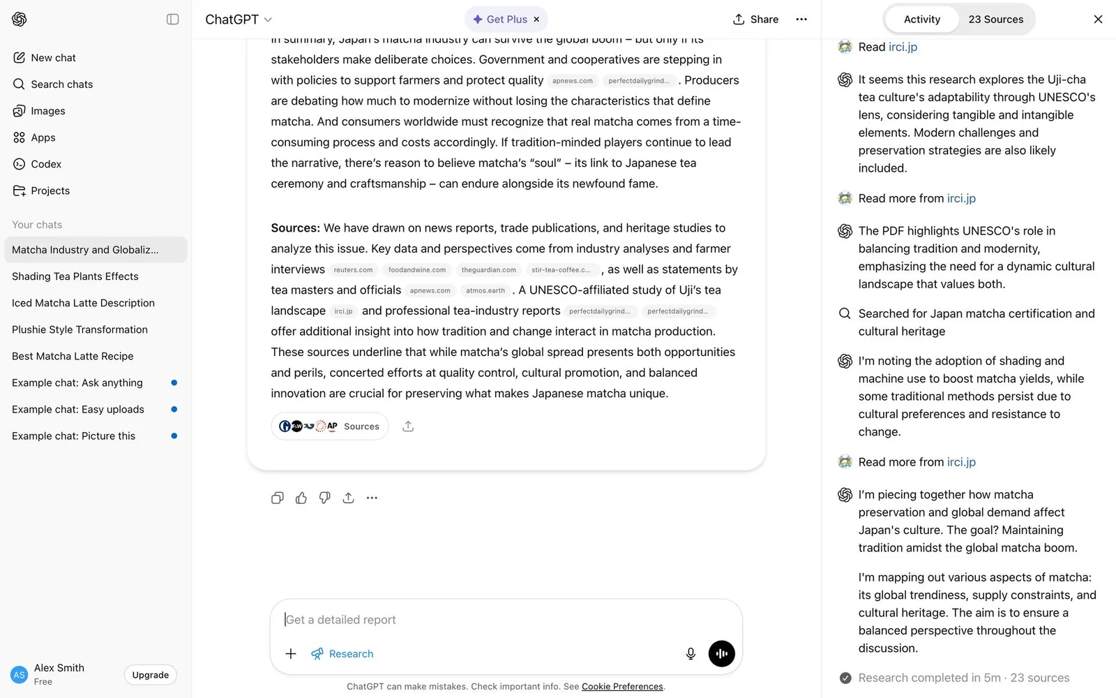 ChatGPT deep research: Activity panel, “23 Sources”, “Research completed in 5m”