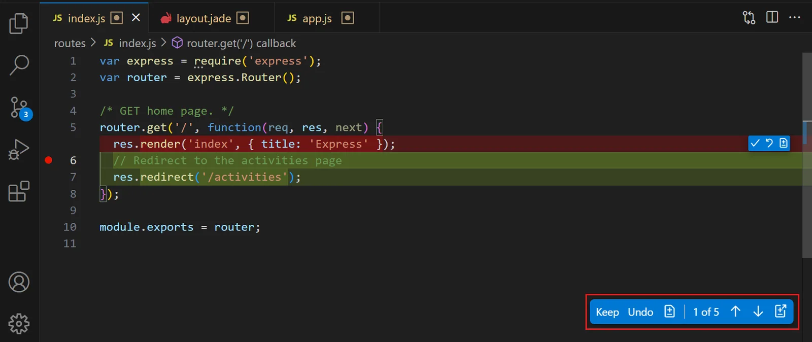 VS Code Copilot: per-hunk Keep / Undo overlay, “1 of 5”