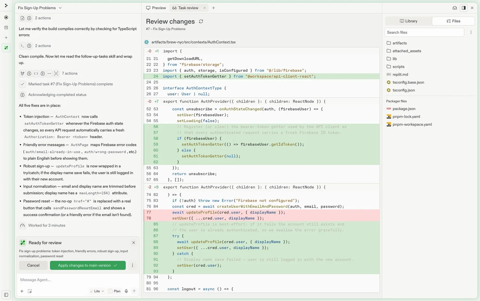 Replit: “Ready for review”, then “Apply changes to main version”