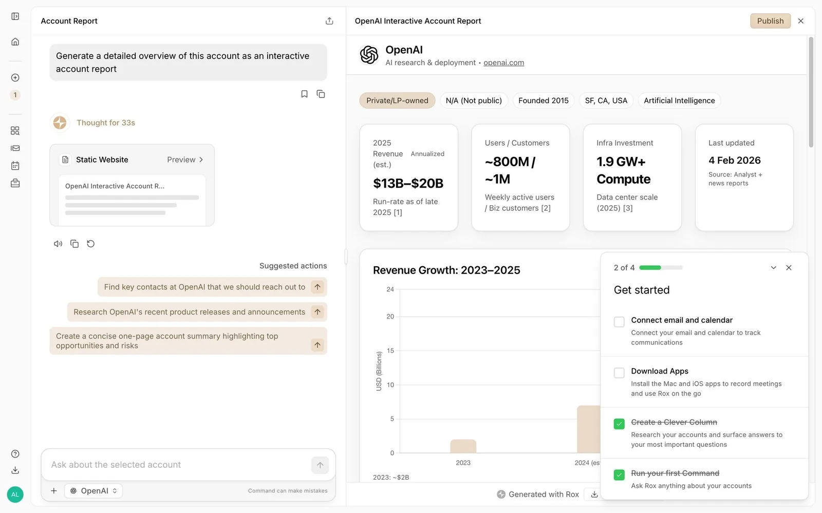 Rox: generated interactive report with “Suggested actions”
