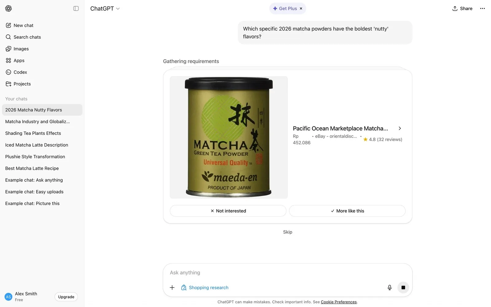 ChatGPT shopping research: product card with “Not interested / More like this”