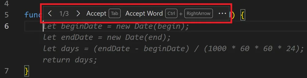 VS Code Copilot: ghost text with the “1/3 · Accept Tab · Accept Word” toolbar