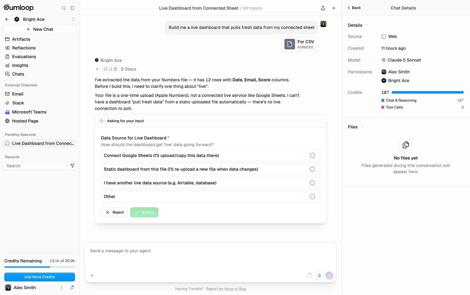 Gumloop: “Asking for your input” with radio options, Reject/Submit and a “Pending Approval” sidebar