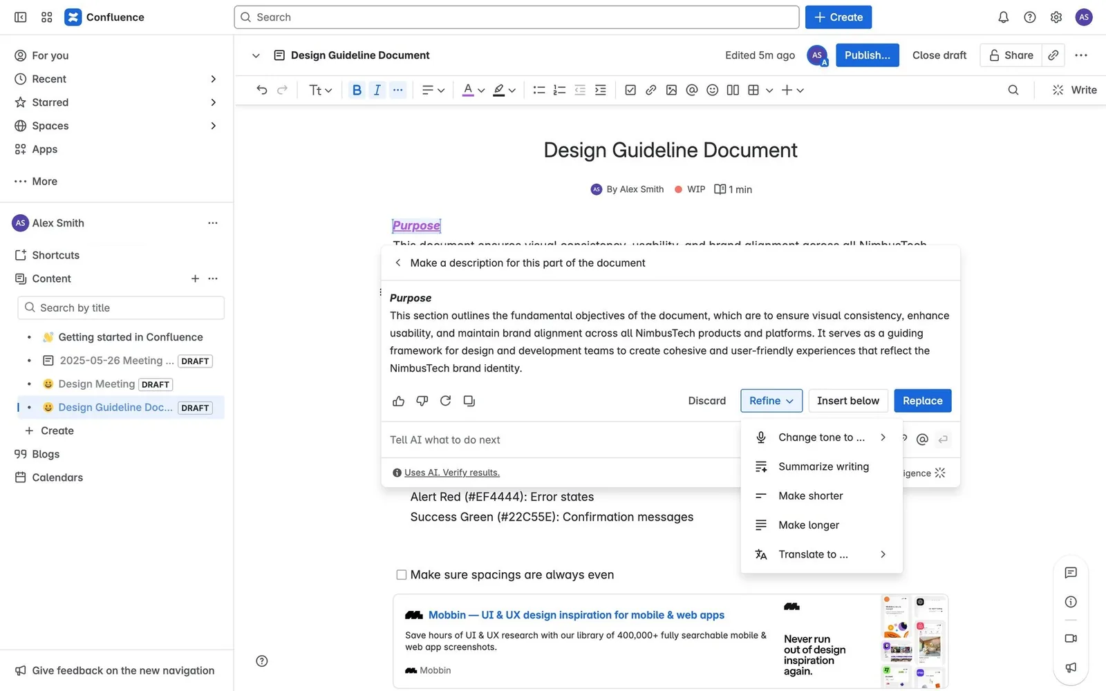 Confluence: generated text with Discard / Refine / Insert below / Replace