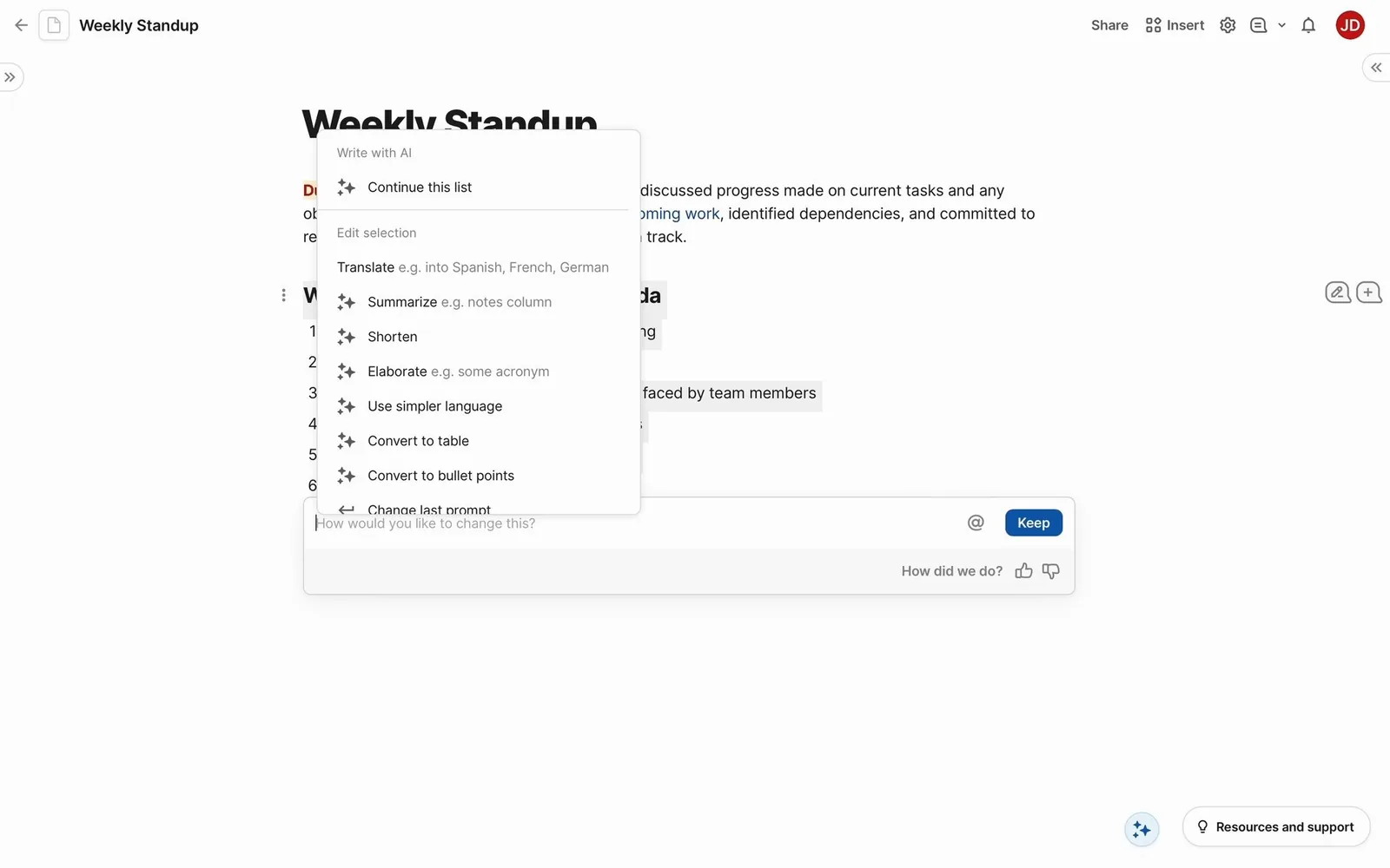 Coda: sparkle ✨ “Write with AI” menu inside the doc