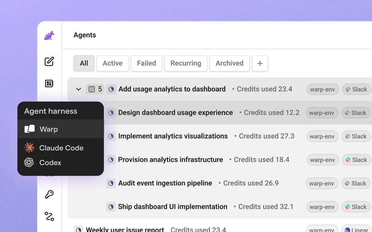 Warp: agent list with an “Agent harness” picker (Warp / Claude Code / Codex)