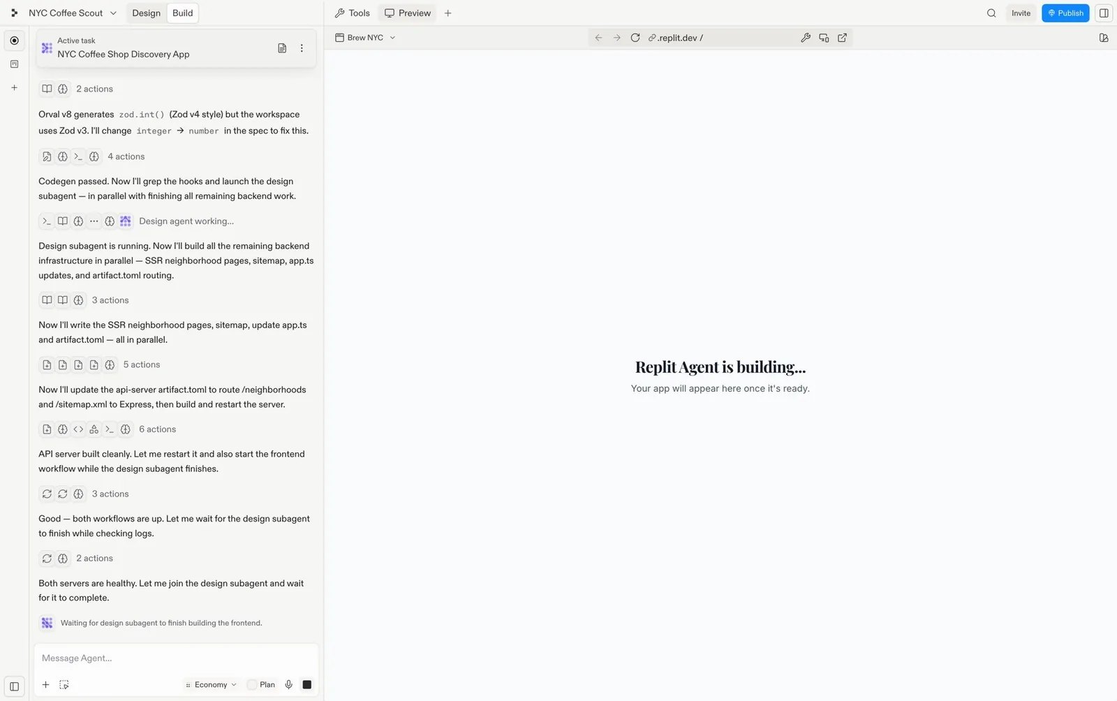 Replit: “Design agent working…”, “Waiting for design subagent”