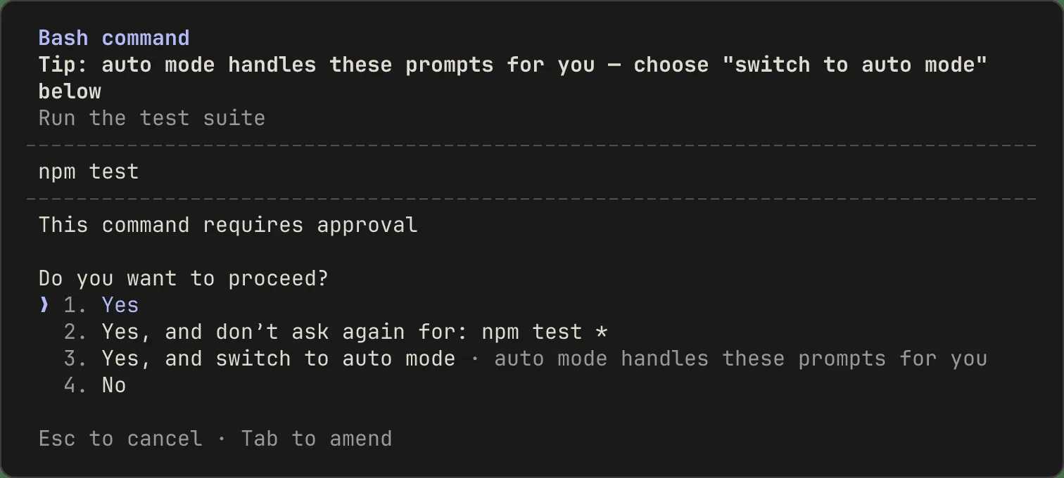 Claude Code: Bash permission prompt (Yes / Yes, and don’t ask again for: npm test * / switch to auto mode / No)