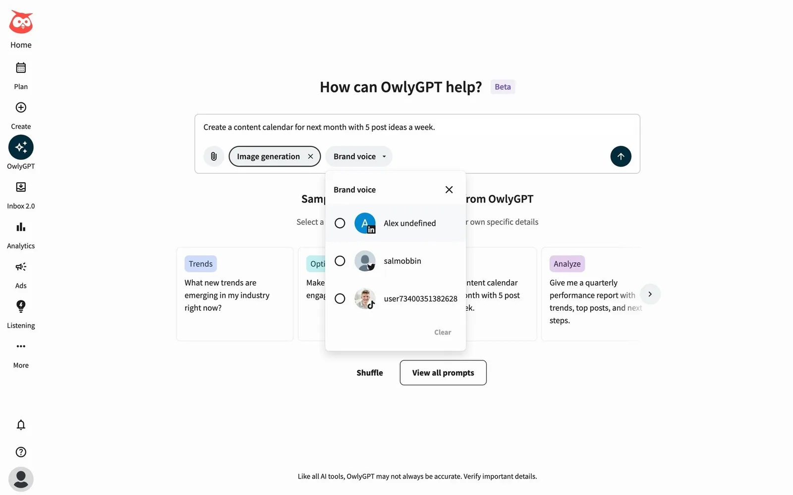 Hootsuite OwlyGPT: prompt-starter cards, chips and Shuffle