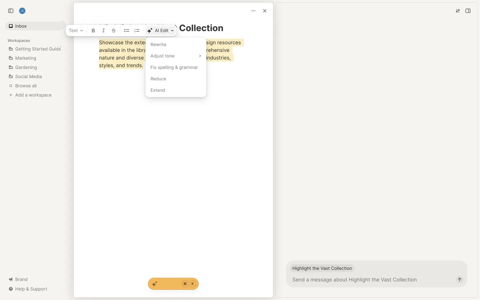Strut: “AI Edit” and a sparkle ⌘K pill