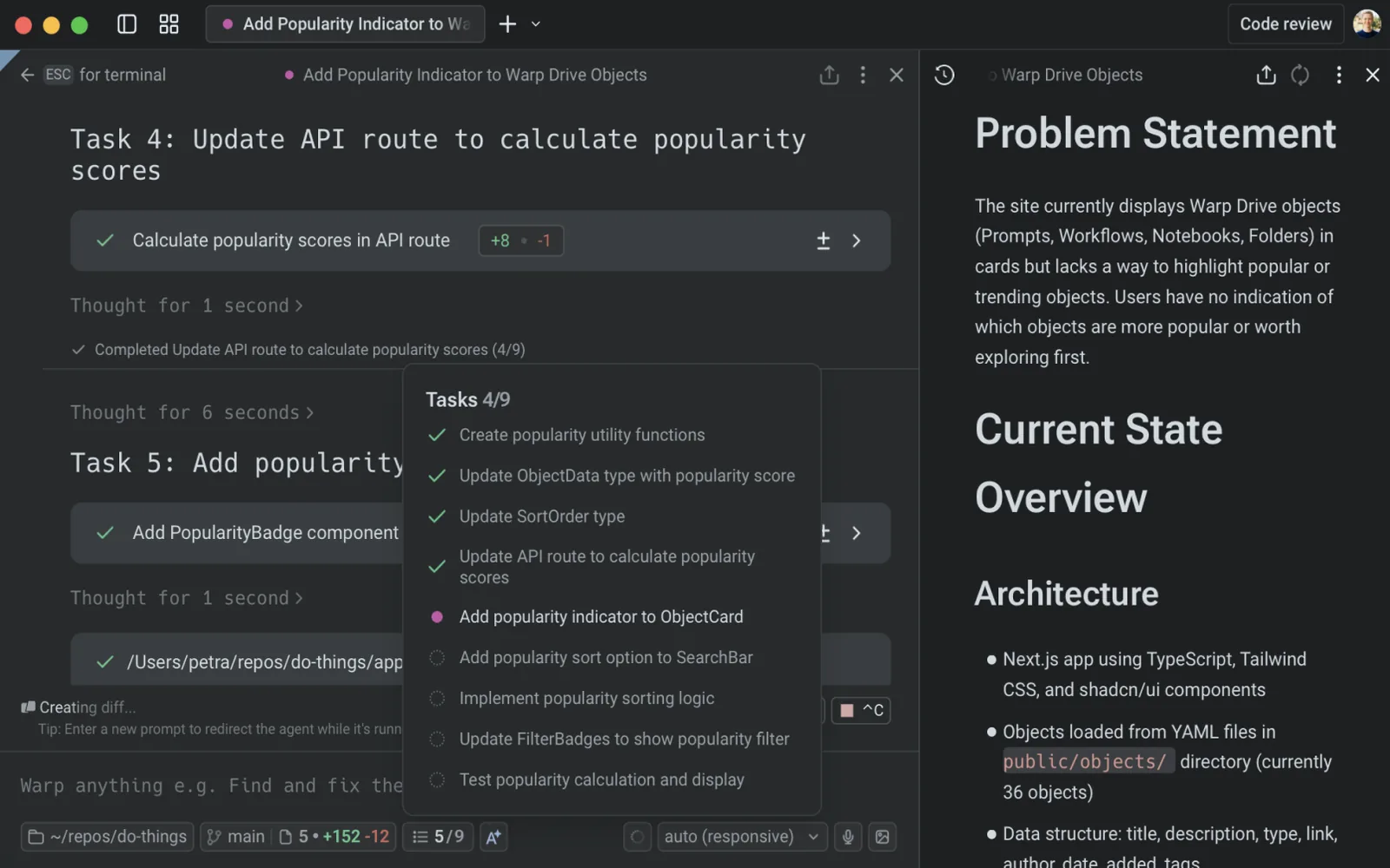 Warp: agent task checklist and “Thought for N seconds” in the terminal