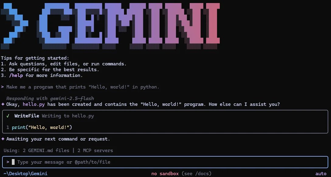 Gemini CLI: WriteFile tool box, “Using: 2 GEMINI.md files | 2 MCP servers”