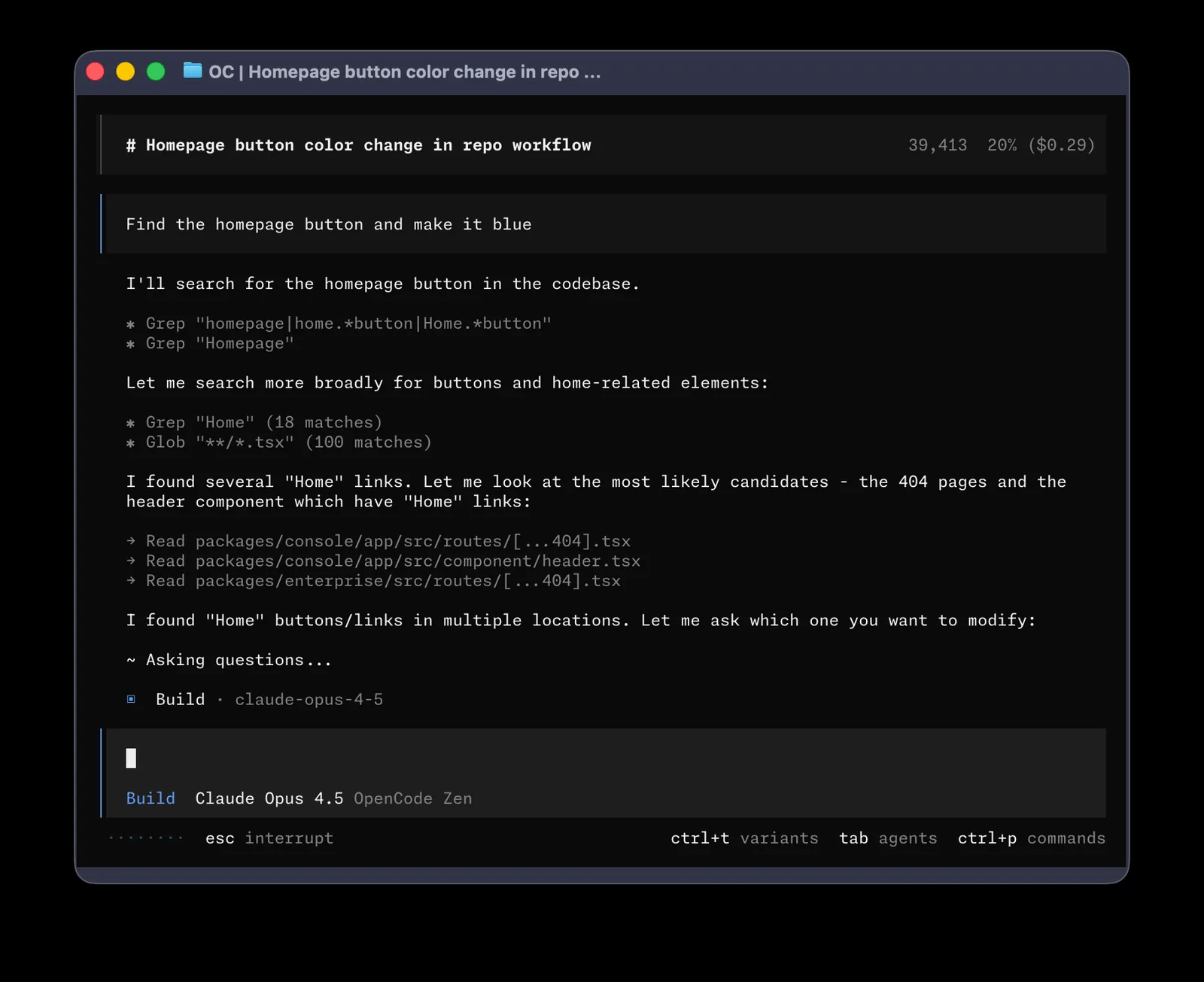 OpenCode: Grep/Glob/Read steps, token/cost meter, “tab agents”