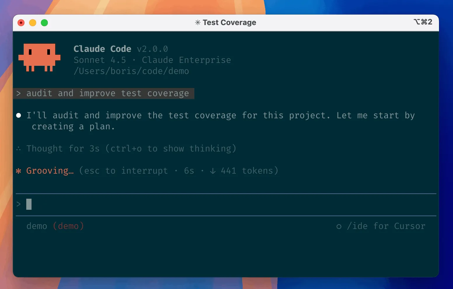 Claude Code: “Grooving… (esc to interrupt · 6s · ↓ 441 tokens)” and “Thought for 1s (ctrl+o to show thinking)”