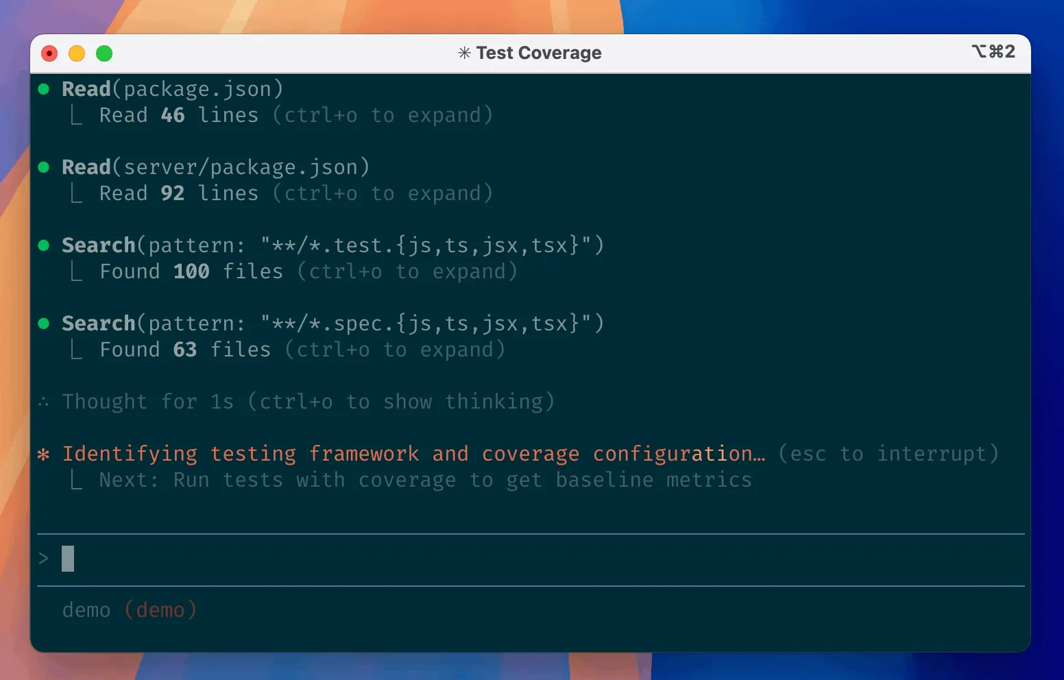 Claude Code: Read/Search tool calls folded with “ctrl+o to expand” (README demo frame)