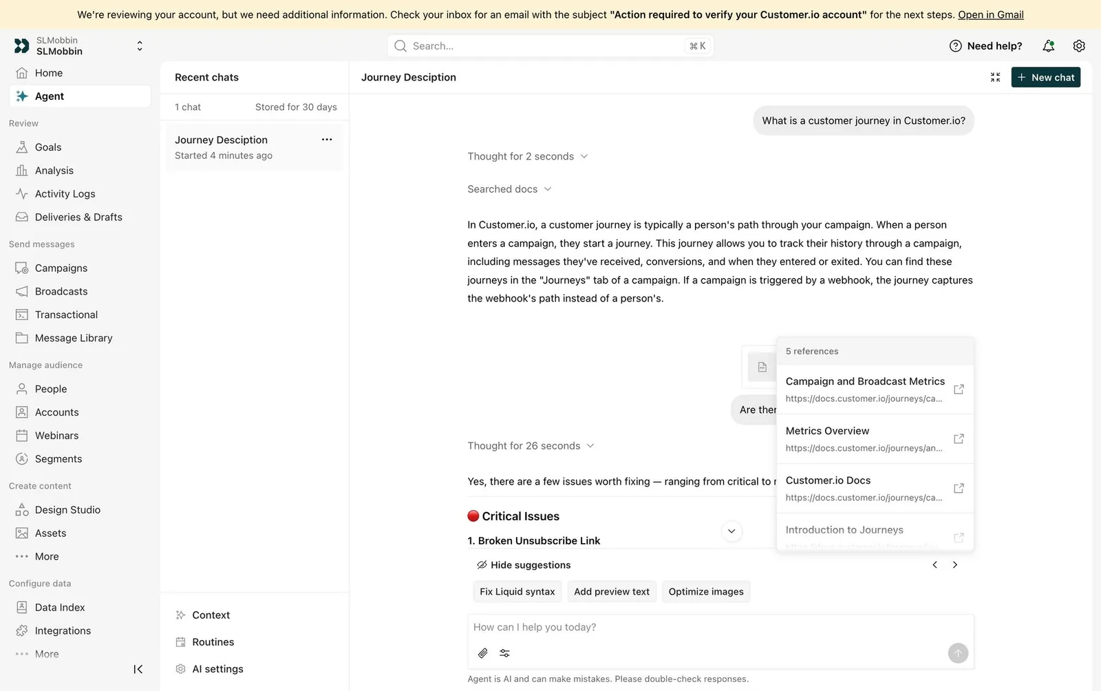 Customer.io: “Thought for 2 seconds”, “Searched docs”, “5 references” popover