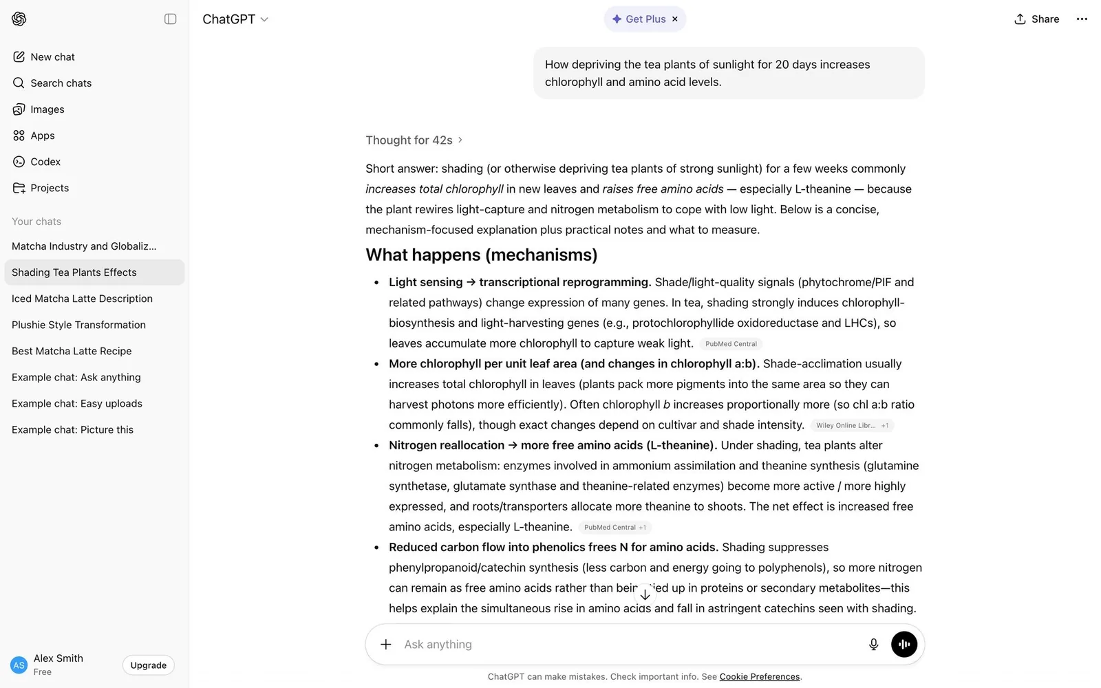 ChatGPT: “Thought for 42s” followed by an answer with inline source pills