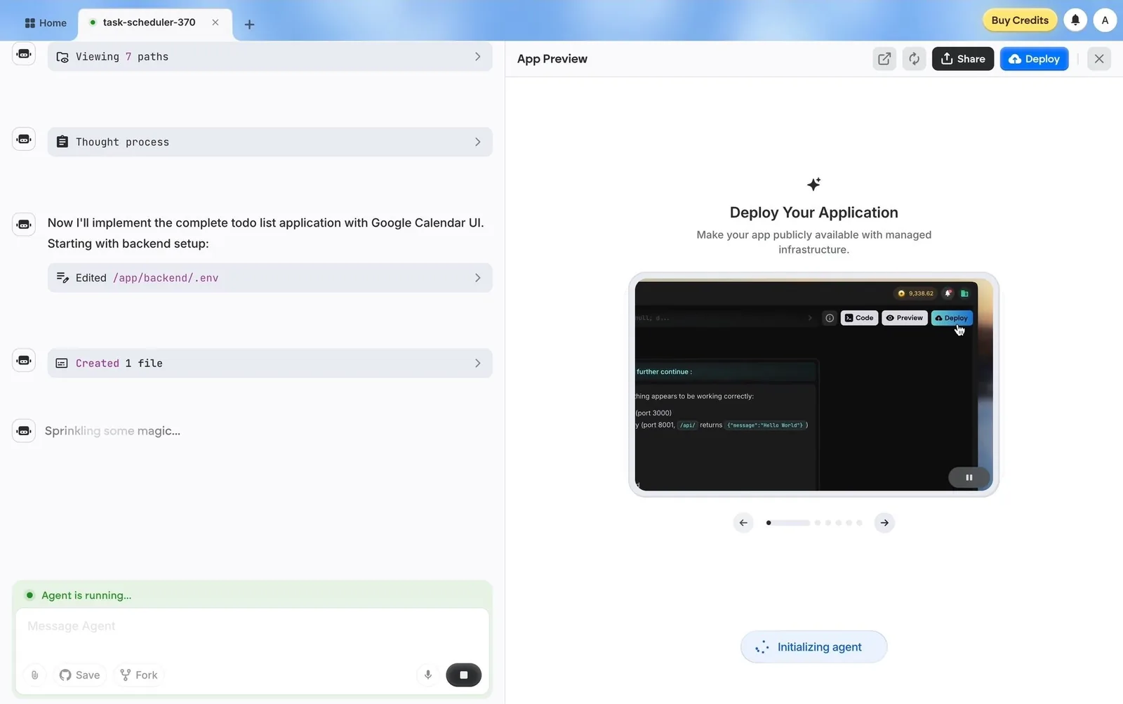 Emergent: collapsed tool rows (“Viewing 7 paths”, “Edited /app/backend/.env”) and “Agent is running…”