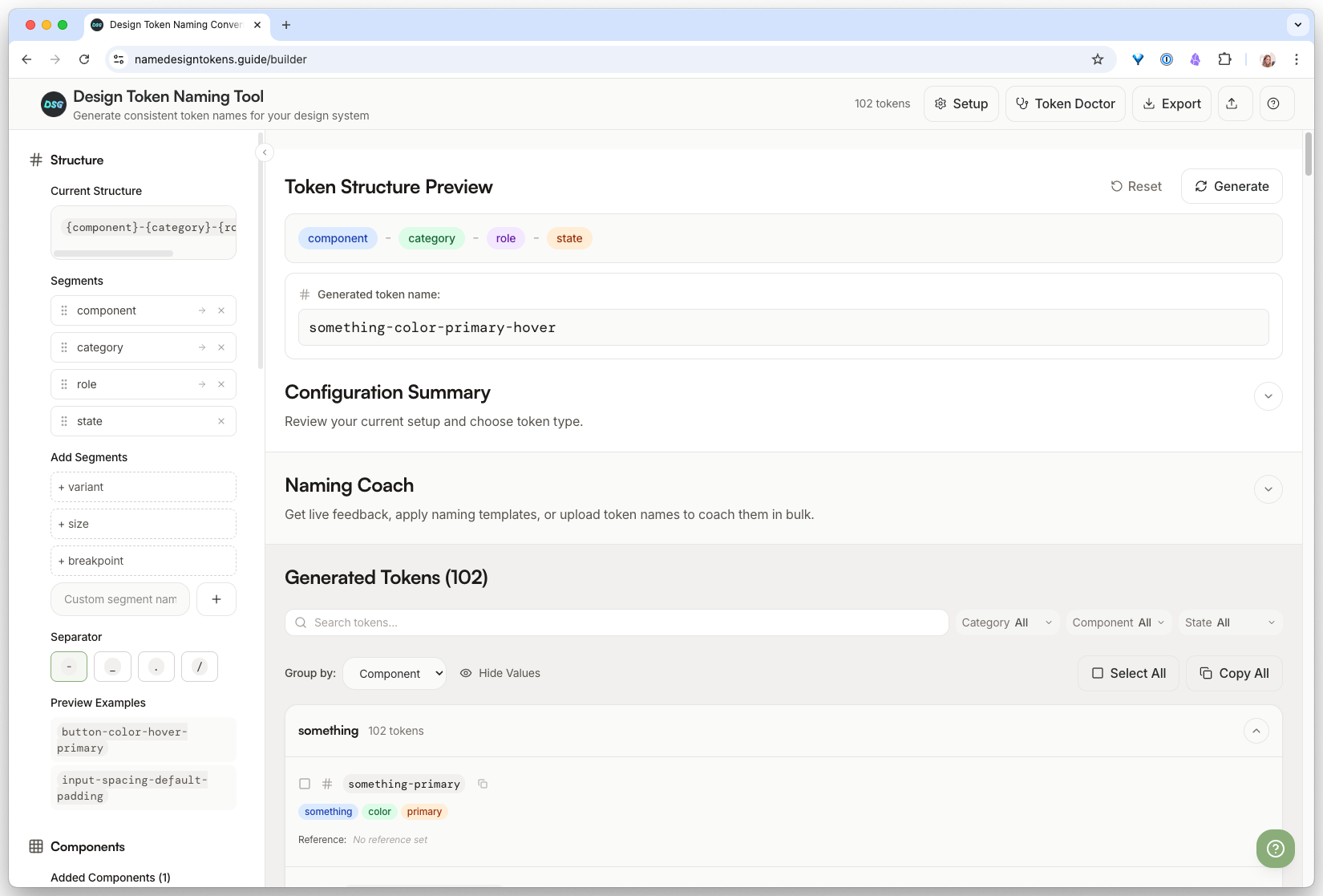 Name Design Tokens Builder showing the Primitive Token Preview with an example token 'background-500' and a list of 11 generated tokens grouped by component.