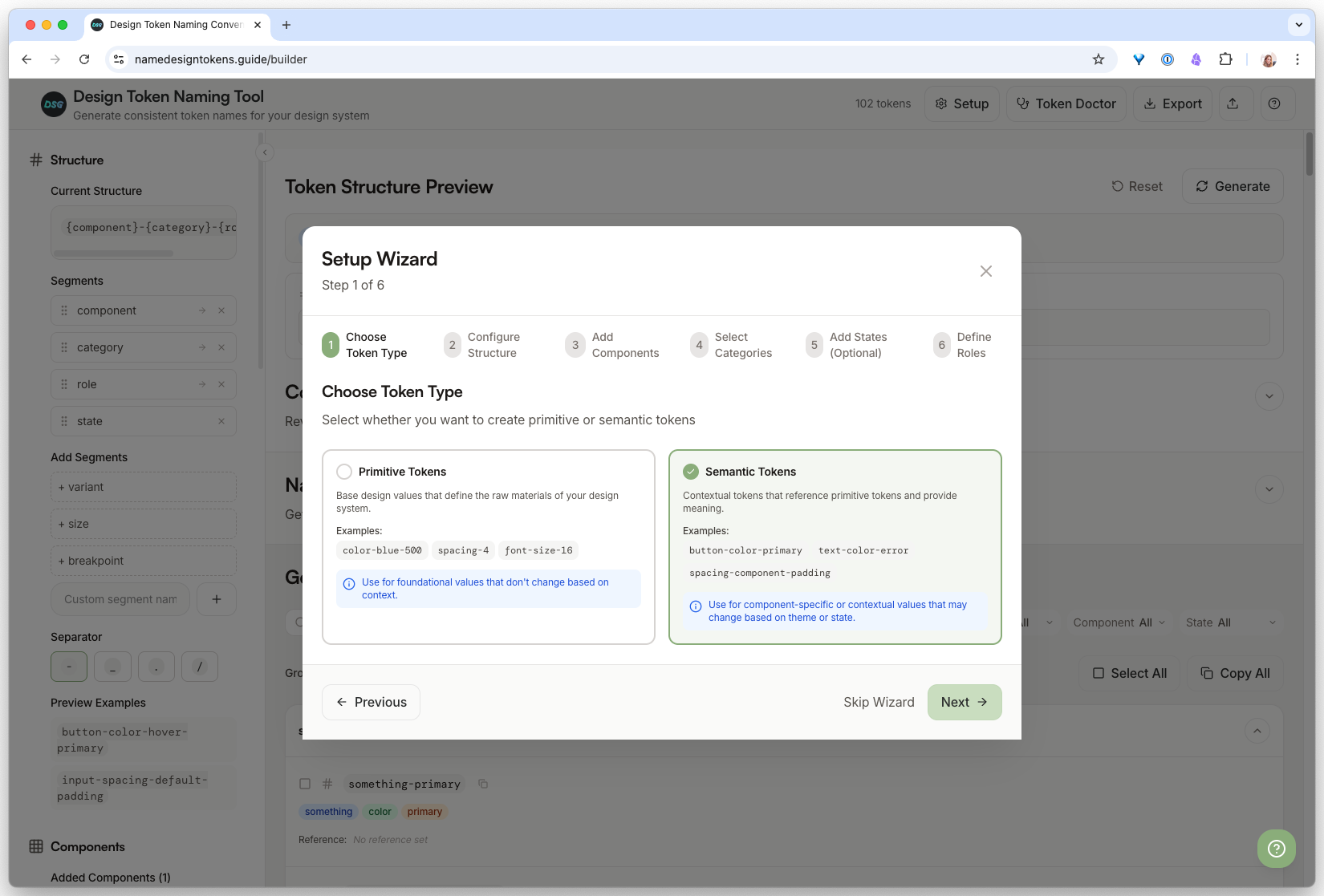 Name Design Tokens Wizard in step two of the flow, asking which separator to use, with dot, slash, and dash options shown next to example token strings.