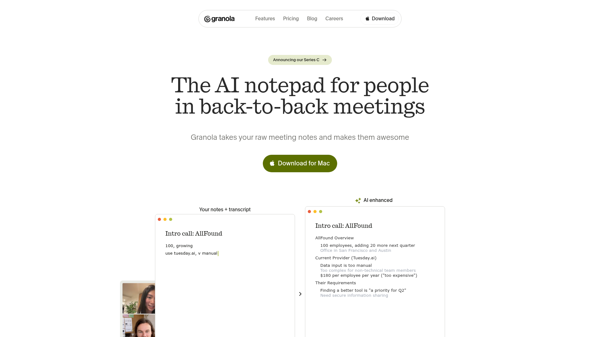 Granola AI homepage