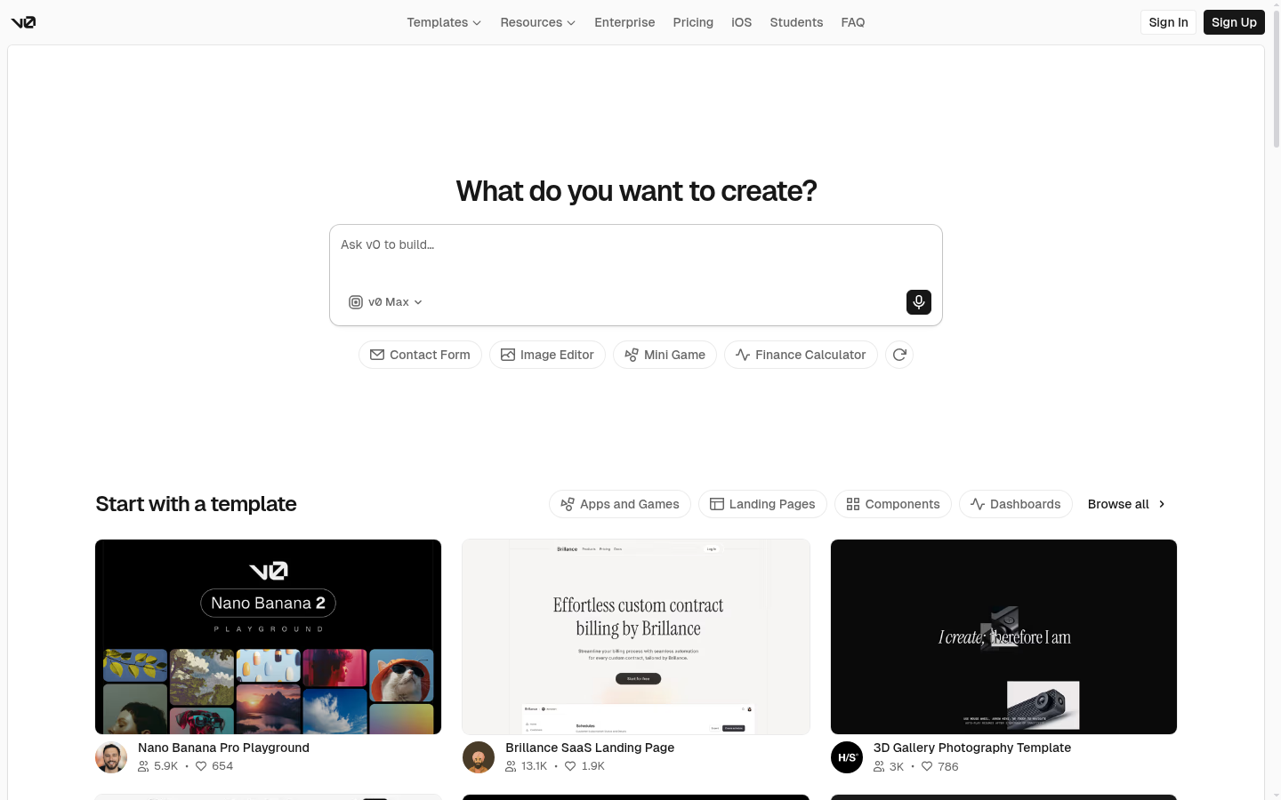 v0 homepage