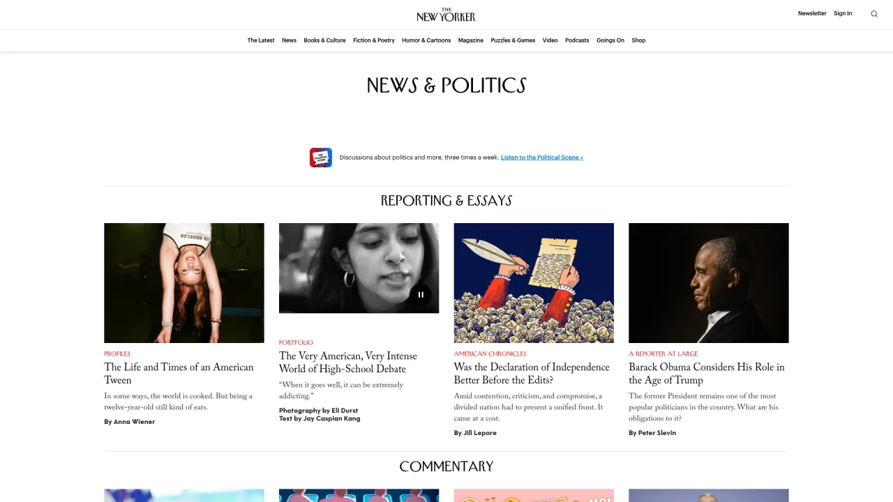 The New Yorker news section page, showing a strict four-column grid of story cards. Each card has an image, kicker, headline, dek, byline. Section divider, next section. Every story sits on the same baseline.