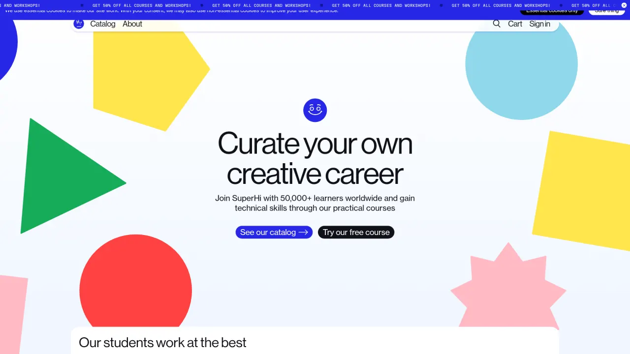 SuperHi homepage hero, light background with scattered geometric shapes (yellow pentagon, blue circle, red circle, green triangle, pink star). Centered: small mascot icon, oversized black sans-serif headline 'Curate your own creative career', smaller body sentence, two CTA buttons. Each typographic level is a clean step down.